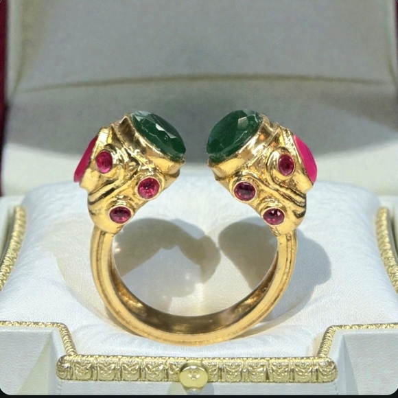 18k Gold Plated Chunky Green Onyx Pink Chalcedony Byzantine Ring - Picture 7 of 7
